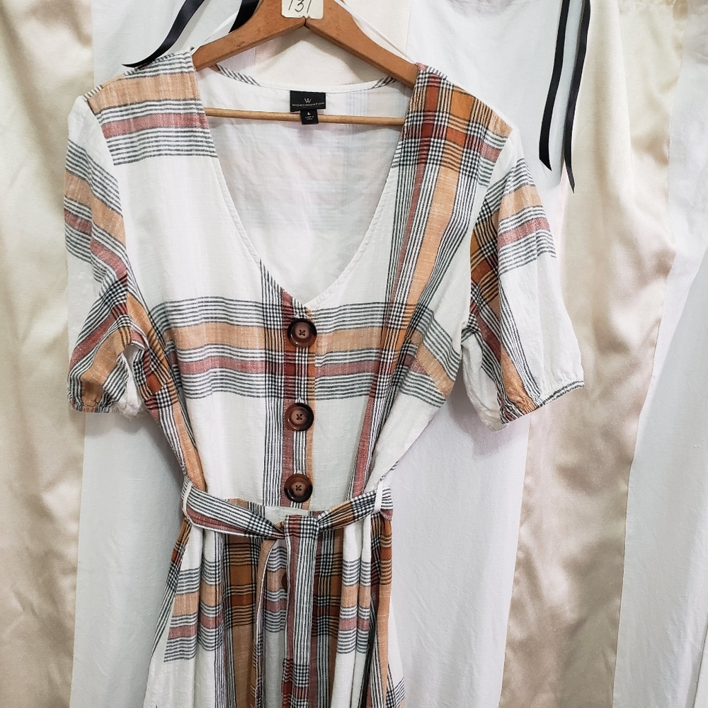 Worthington Plaid Midi Dress - Cream, Tan, Black